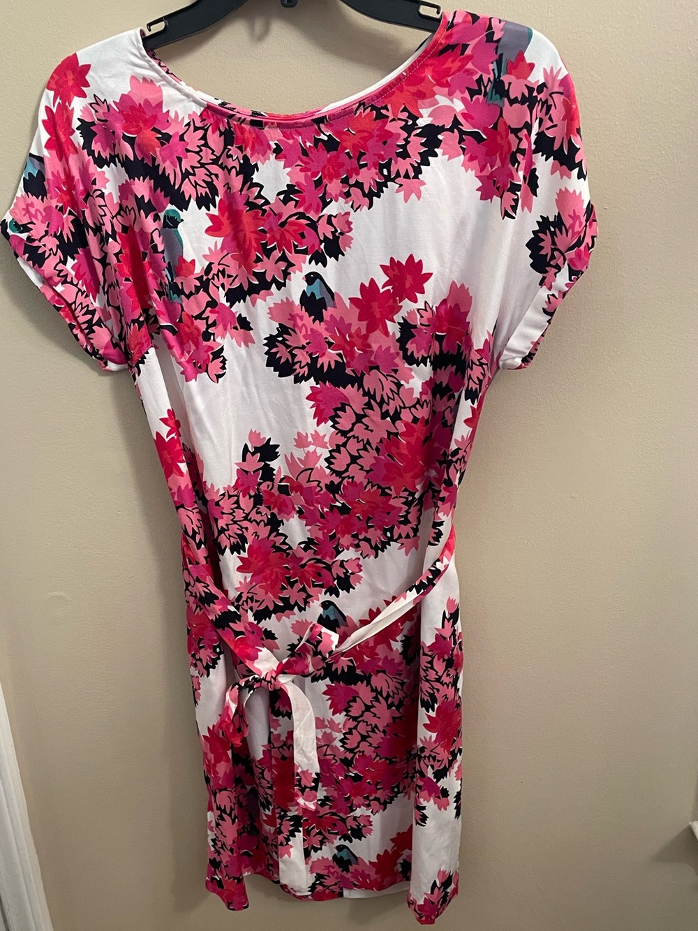 Boden Floral Bird Shift Dress Pink Red White Belted Cap Sleeve US 6/UK 10